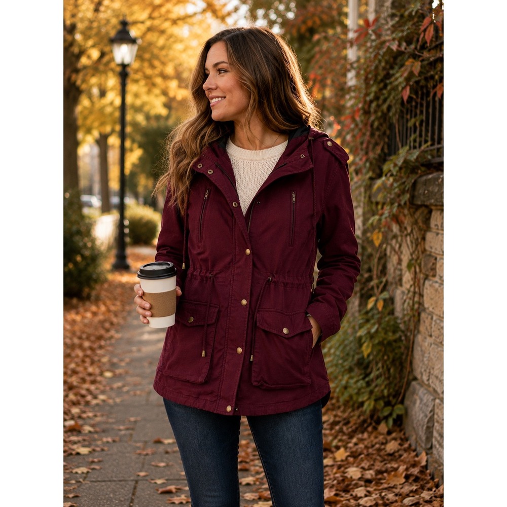 Eden Society XL Women's Burgundy Utility Jacket Hooded Military Field Parka